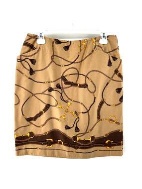TALBOTS Gold Horsebit EQUESTRIAN Brown PREPPY Horse Bridle Skirt WOMENS 10
